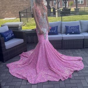 Sequin rhinestone pink prom dress